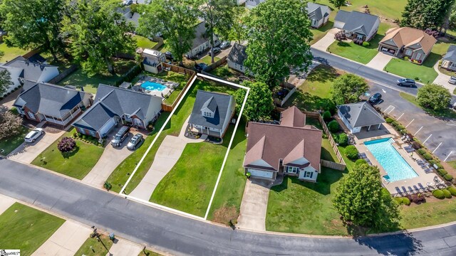 751 Running Creek Ln, Boiling Springs, SC 29316 - aerial perspective of suburban area with a pool area and property boundaries highlighted
