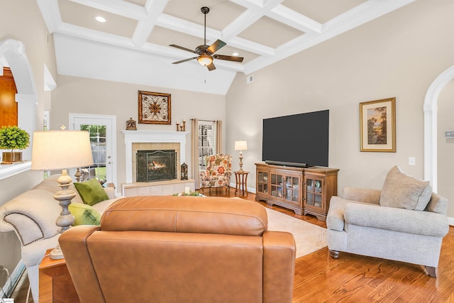111 Tinsley Ct, Greenville, SC 29615 - living area featuring ceiling fan, wood finished floors, beamed ceiling, arched walkways, and coffered ceiling