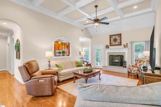111 Tinsley Ct, Greenville, SC 29615 - living area featuring healthy amount of natural light, light wood-style floors, a ceiling fan, beamed ceiling, and arched walkways