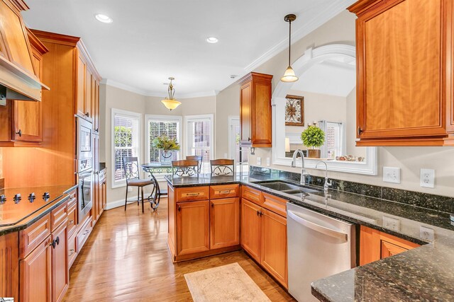 111 Tinsley Ct, Greenville, SC 29615 - kitchen featuring stainless steel appliances, a sink, brown cabinets, dark stone counters, and crown molding