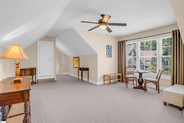 111 Tinsley Ct, Greenville, SC 29615 - living area with carpet, baseboards, lofted ceiling, and a ceiling fan