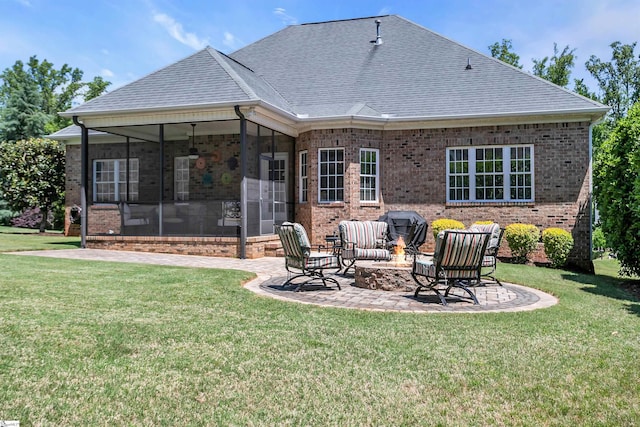 111 Tinsley Ct, Greenville, SC 29615 - back of property featuring a sunroom, a patio area, a shingled roof, and brick siding