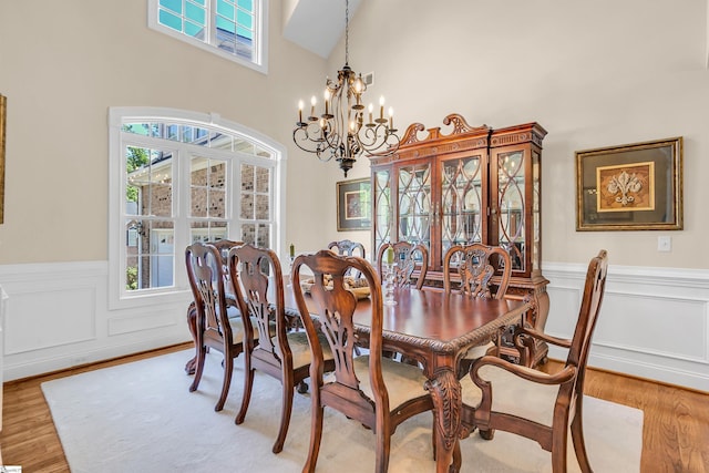111 Tinsley Ct, Greenville, SC 29615 - dining area with a chandelier, wood finished floors, wainscoting, healthy amount of natural light, and a high ceiling