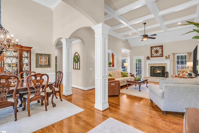 111 Tinsley Ct, Greenville, SC 29615 - living area with a ceiling fan, light wood-style flooring, coffered ceiling, beamed ceiling, and arched walkways