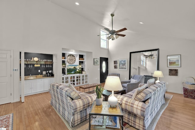 451 Cedar Creek Rd, Sunset, SC 29685 - living room with a ceiling fan, high vaulted ceiling, light wood finished floors, recessed lighting, and baseboards