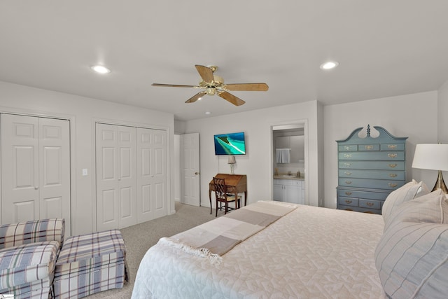 451 Cedar Creek Rd, Sunset, SC 29685 - bedroom with light carpet, multiple closets, recessed lighting, ceiling fan, and connected bathroom