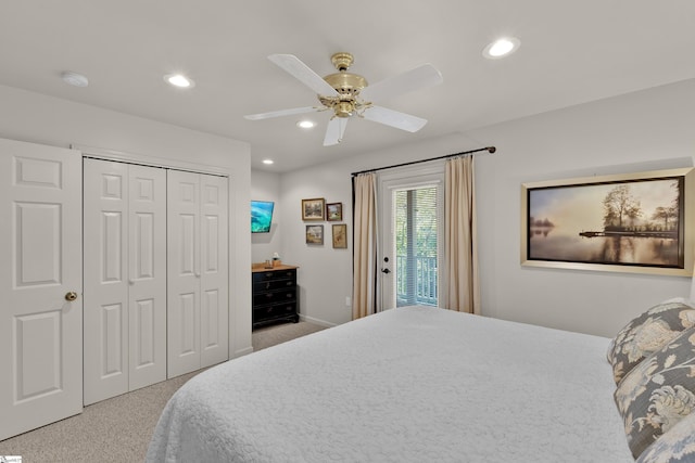 451 Cedar Creek Rd, Sunset, SC 29685 - bedroom with recessed lighting, carpet floors, a ceiling fan, a closet, and baseboards