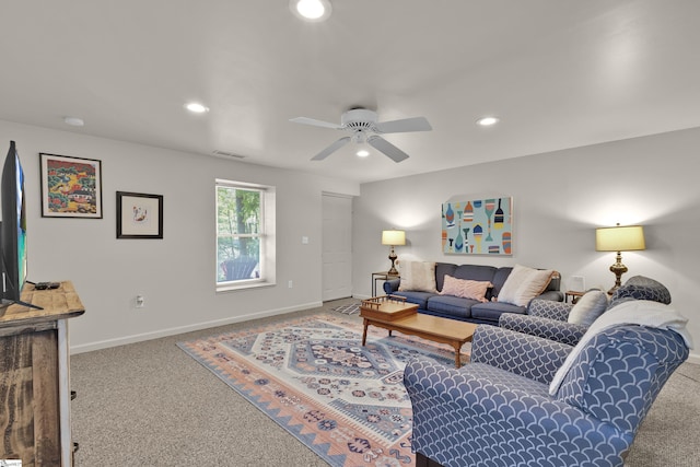 451 Cedar Creek Rd, Sunset, SC 29685 - living room featuring a ceiling fan, recessed lighting, carpet flooring, and baseboards