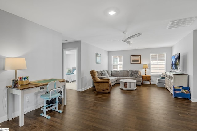 215 Sun Garden Ct, Greenville, SC 29615 - living room with a ceiling fan, baseboards, and dark wood-type flooring