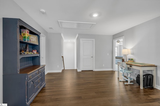 215 Sun Garden Ct, Greenville, SC 29615 - living area with attic access, dark wood finished floors, and baseboards