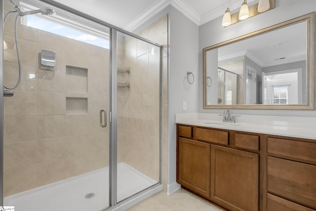 215 Sun Garden Ct, Greenville, SC 29615 - full bath with crown molding, a stall shower, vanity, and tile patterned flooring