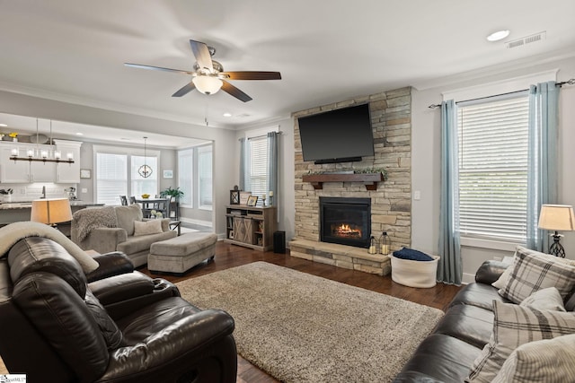 916 Lockhurst Dr, Simpsonville, SC 29681 - living area with ceiling fan, dark wood-style flooring, ornamental molding, a stone fireplace, and healthy amount of natural light