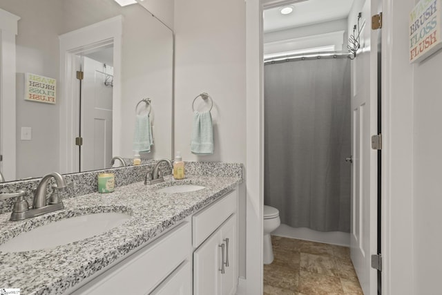 916 Lockhurst Dr, Simpsonville, SC 29681 - bathroom with toilet, double vanity, and a shower with curtain