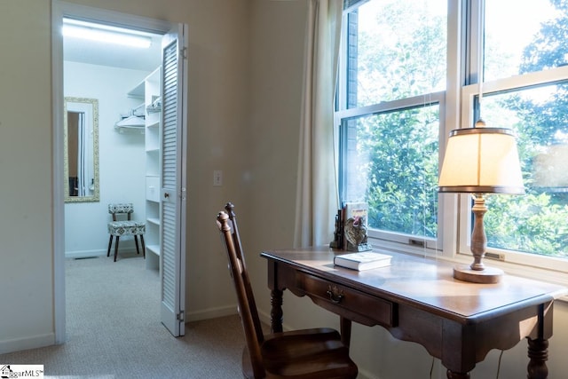 carpeted office featuring baseboards and plenty of natural light