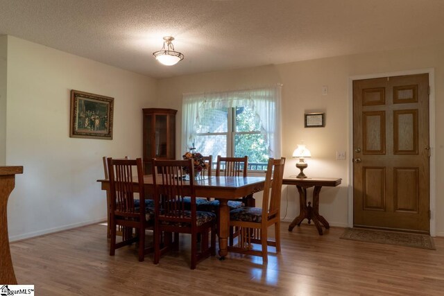 dining room featuring wood finished floors, baseboards, and a textured ceiling