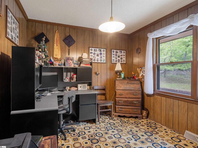 132 Rosecrest Rd, Spartanburg, SC 29303 - office space featuring wood walls, a textured ceiling, and ornamental molding