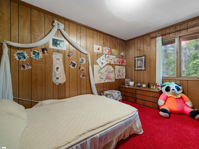 132 Rosecrest Rd, Spartanburg, SC 29303 - bedroom featuring a textured ceiling, wood walls, and carpet flooring