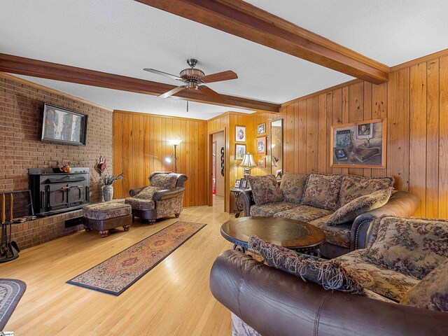 132 Rosecrest Rd, Spartanburg, SC 29303 - living area featuring beam ceiling, a wood stove, a ceiling fan, wood finished floors, and wood walls