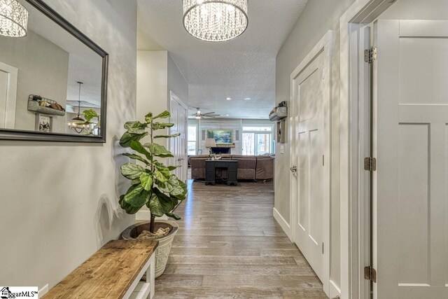 2007 Edwards Lake Rd, Greer, SC 29651 - hallway with a chandelier, wood finished floors, and a textured ceiling