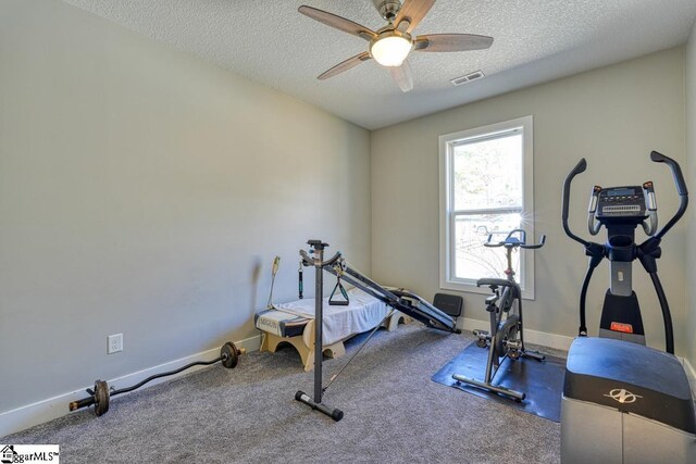 2007 Edwards Lake Rd, Greer, SC 29651 - workout area featuring a textured ceiling, ceiling fan, baseboards, and carpet flooring