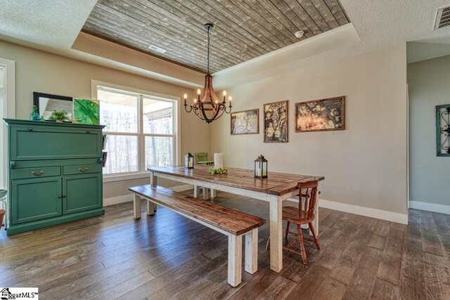 2007 Edwards Lake Rd, Greer, SC 29651 - dining room featuring a tray ceiling, baseboards, dark wood-type flooring, and a chandelier