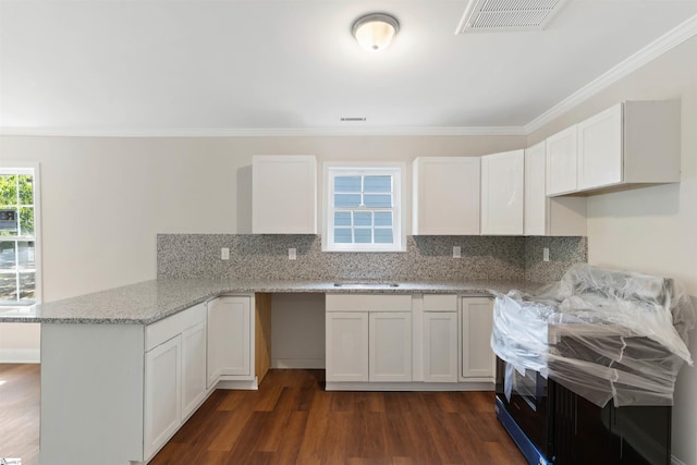 128 Owens St, Spartanburg, SC 29306 - kitchen featuring a peninsula, dark wood finished floors, light stone counters, backsplash, and crown molding