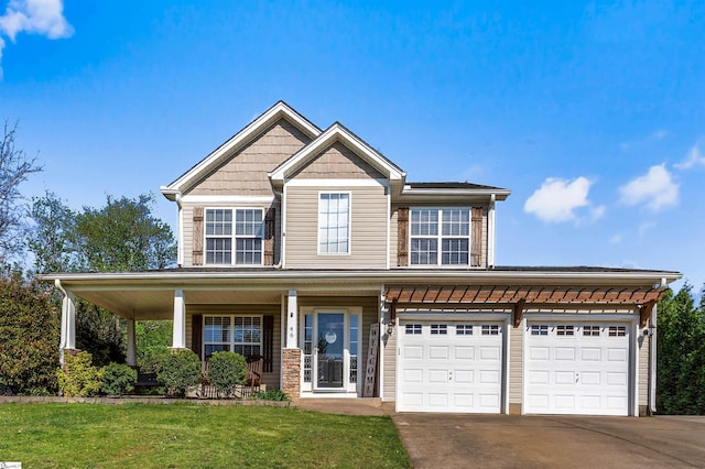 view of front facade with concrete driveway, a front yard, a porch, and an attached garage
