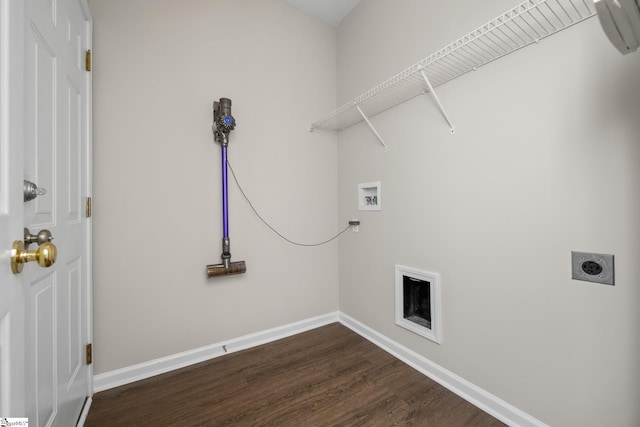 laundry area with washer hookup, electric dryer hookup, dark wood-style floors, and baseboards
