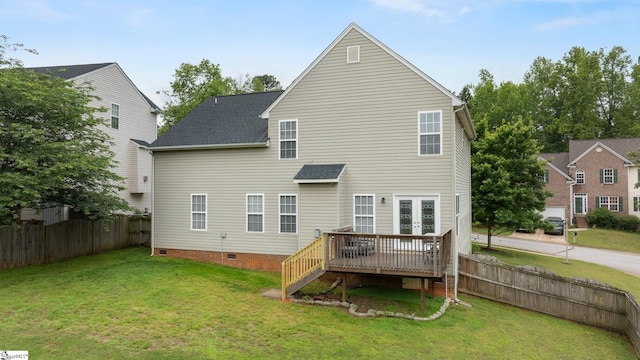 rear view of property with french doors, a wooden deck, crawl space, and a shingled roof