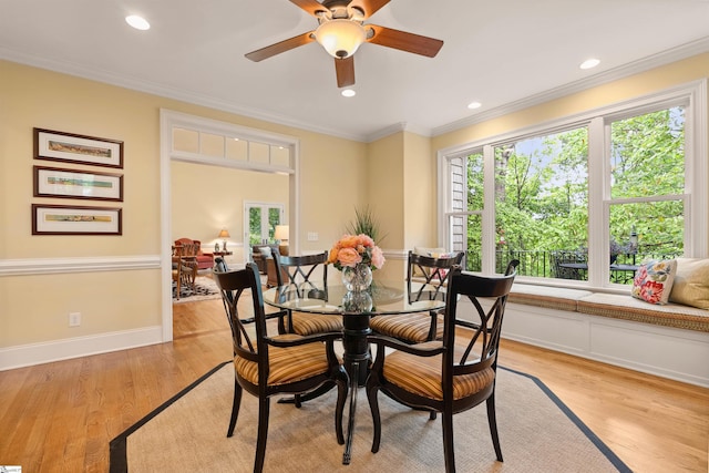 201 King Eider Way, Taylors, SC 29687 - dining space with ceiling fan, ornamental molding, light wood finished floors, recessed lighting, and baseboards