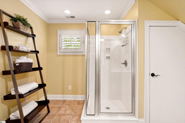 201 King Eider Way, Taylors, SC 29687 - full bathroom with a stall shower, crown molding, tile patterned floors, and baseboards