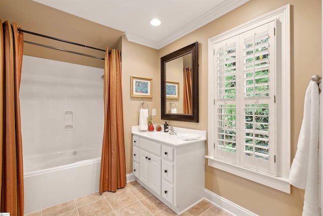 201 King Eider Way, Taylors, SC 29687 - bathroom featuring tile patterned flooring, vanity, baseboards, shower / tub combo with curtain, and ornamental molding