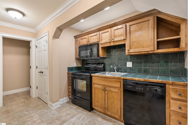 201 King Eider Way, Taylors, SC 29687 - kitchen with black appliances, a sink, tile countertops, baseboards, and backsplash