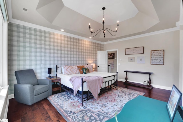 100 Bent Willow Way, Easley, SC 29642 - bedroom featuring a tray ceiling, a chandelier, crown molding, wood finished floors, and wallpapered walls