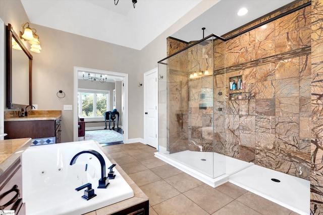 100 Bent Willow Way, Easley, SC 29642 - bathroom featuring a shower stall, a tub with jets, tile patterned flooring, vanity, and a chandelier