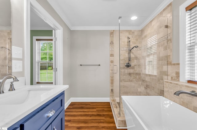 130 Windjammer Way, Anderson, SC 29626 - full bath with crown molding, a stall shower, a bathtub, wood finished floors, and vanity