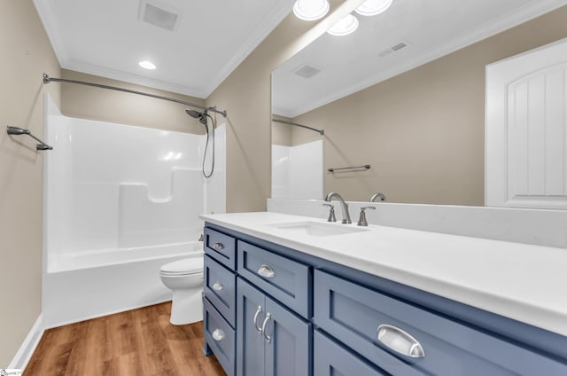 130 Windjammer Way, Anderson, SC 29626 - bathroom featuring ornamental molding, wood finished floors, toilet, vanity, and bathtub / shower combination