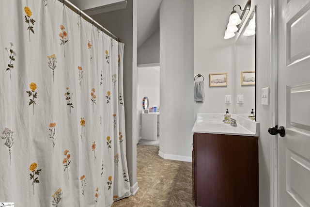 706 Airdale Ln, Simpsonville, SC 29680 - full bathroom with vanity, tile patterned floors, curtained shower, and lofted ceiling