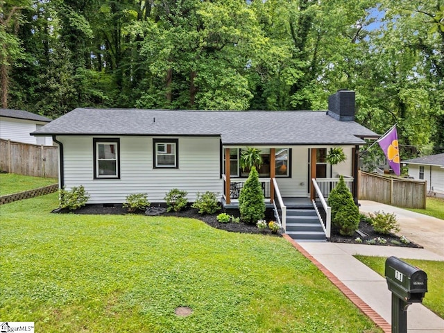 11 Christopher St, Greenville, SC 29617 - ranch-style home with covered porch, a chimney, a shingled roof, and concrete driveway