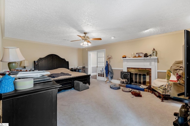 416 Ashley Downs, Anderson, SC 29621 - bedroom with carpet floors, a textured ceiling, ornamental molding, a fireplace, and a ceiling fan