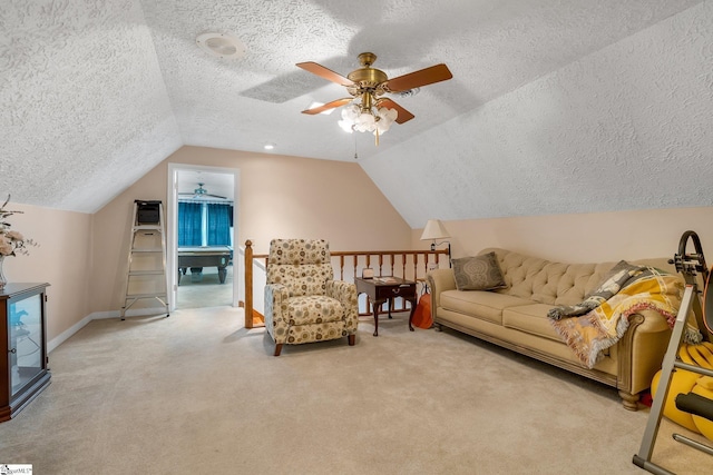 416 Ashley Downs, Anderson, SC 29621 - carpeted living room featuring a textured ceiling, lofted ceiling, ceiling fan, and baseboards