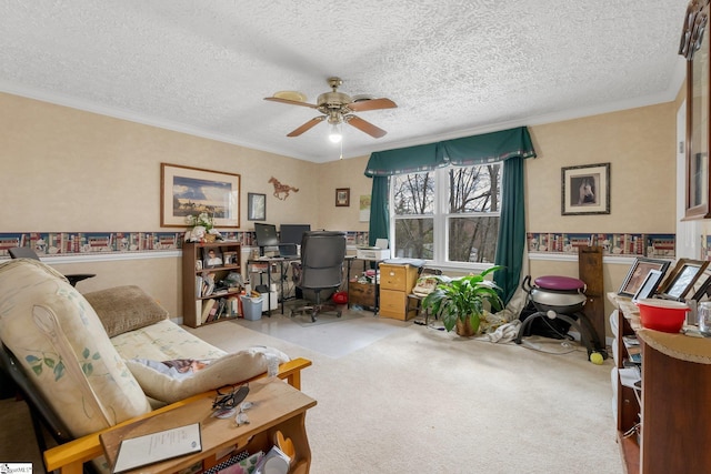 416 Ashley Downs, Anderson, SC 29621 - carpeted home office featuring ceiling fan, a textured ceiling, a wainscoted wall, and ornamental molding