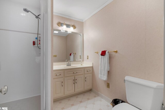 416 Ashley Downs, Anderson, SC 29621 - bathroom with ornamental molding, a tile shower, toilet, and vanity