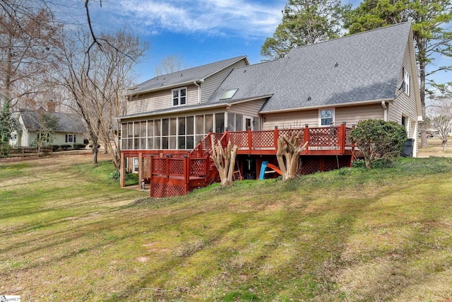416 Ashley Downs, Anderson, SC 29621 - back of house featuring a sunroom, a wooden deck, roof with shingles, and a yard