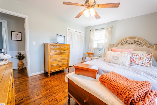 147 Daniel Dr, Easley, SC 29642 - bedroom featuring a closet, dark wood-style flooring, baseboards, and a ceiling fan