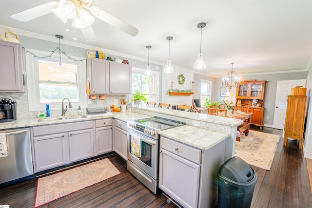147 Daniel Dr, Easley, SC 29642 - kitchen with appliances with stainless steel finishes, a peninsula, a sink, dark wood finished floors, and crown molding