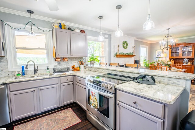 147 Daniel Dr, Easley, SC 29642 - kitchen with a sink, appliances with stainless steel finishes, a peninsula, backsplash, and crown molding
