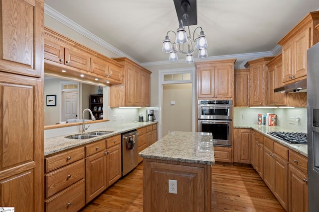 kitchen with stainless steel appliances, a sink, under cabinet range hood, tasteful backsplash, and light wood-style floors