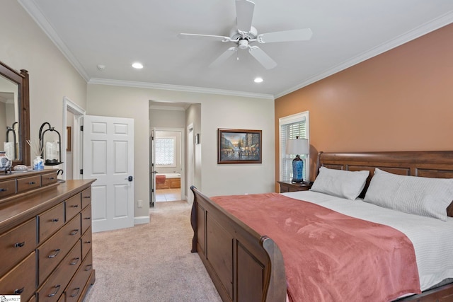 bedroom featuring light colored carpet, ornamental molding, recessed lighting, connected bathroom, and ceiling fan