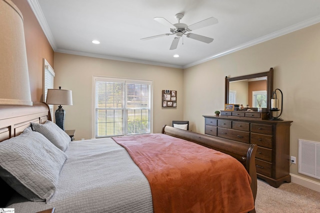 bedroom with multiple windows, carpet, crown molding, recessed lighting, and a ceiling fan